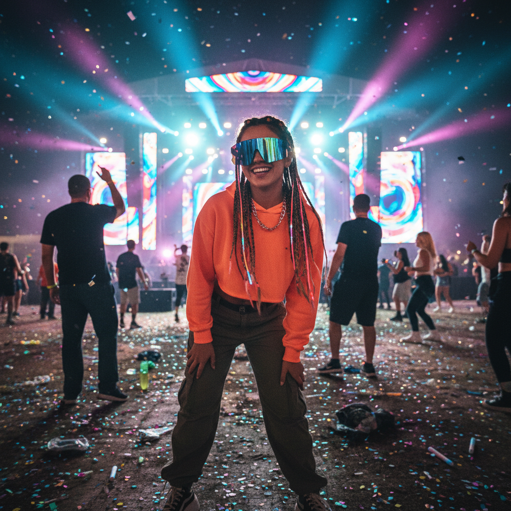 Person wearing iridescent shield sunglasses at a music festival