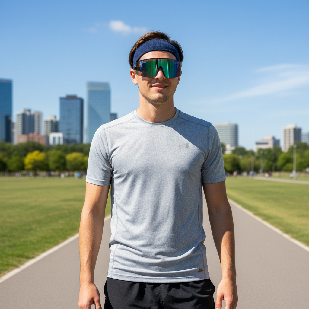 Man wearing iridescent shield sunglasses on a sunny day