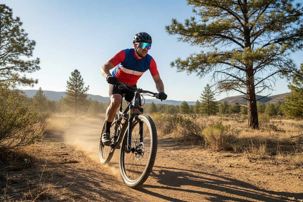 Man wearing patriotic sunglasses cycling