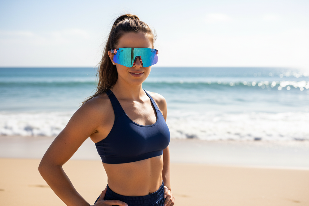 Woman wearing patriotic sunglasses at beach